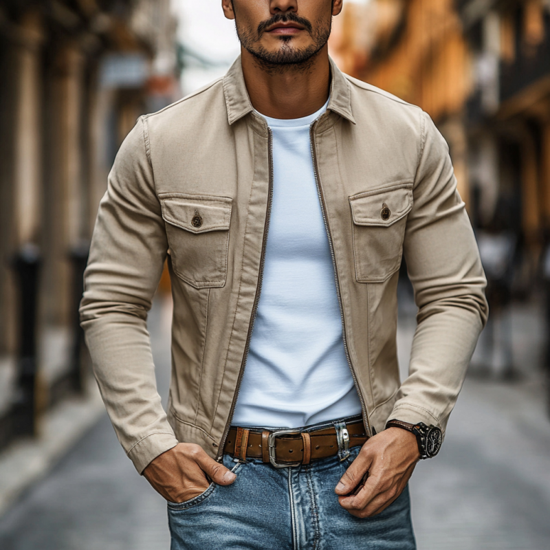 Men's Casual Premium Cotton Washed Lapel Zipper Slim Fit Cargo Jacket MTA2512D5M