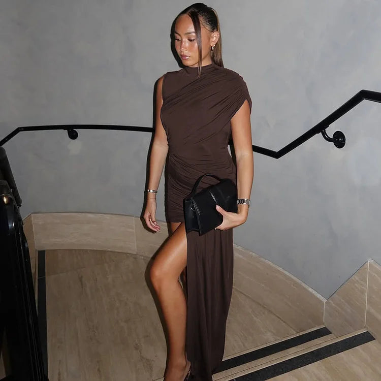 Fashionable Fitted Round Neck Pleated Dress