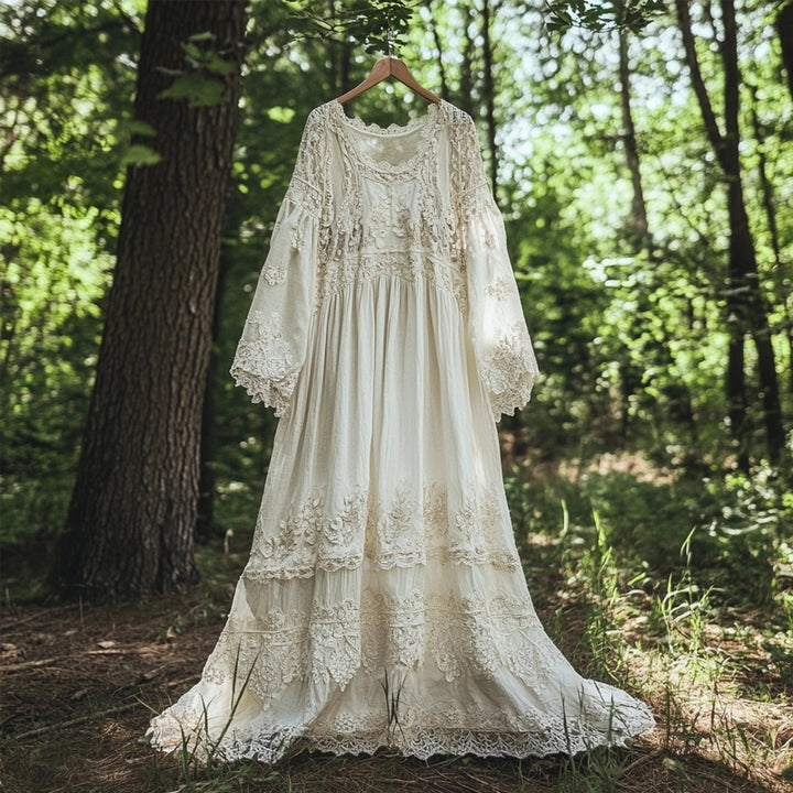 Classic Embroidered Floral Chiffon Maxi Dress Made of Linen