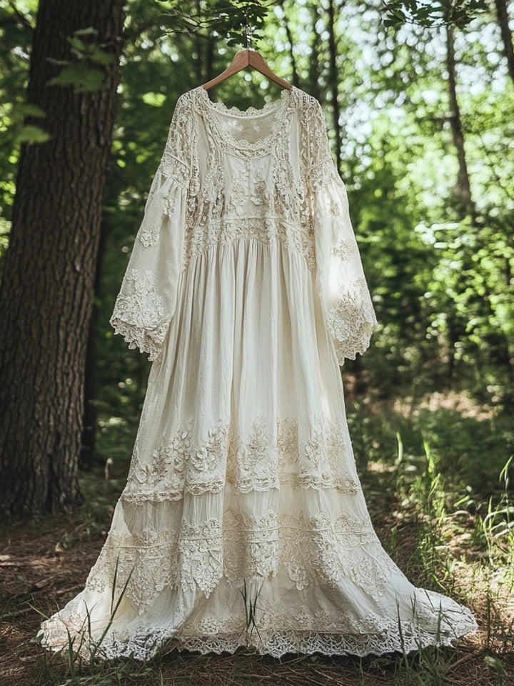 Classic Embroidered Floral Chiffon Maxi Dress Made of Linen