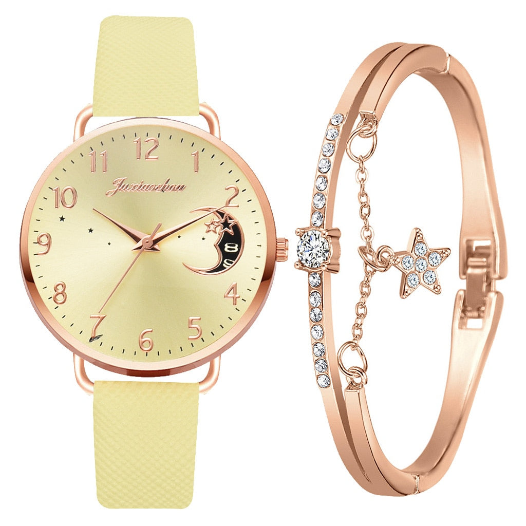 Set with Watch and Bracelets featuring Moon Phase Dial