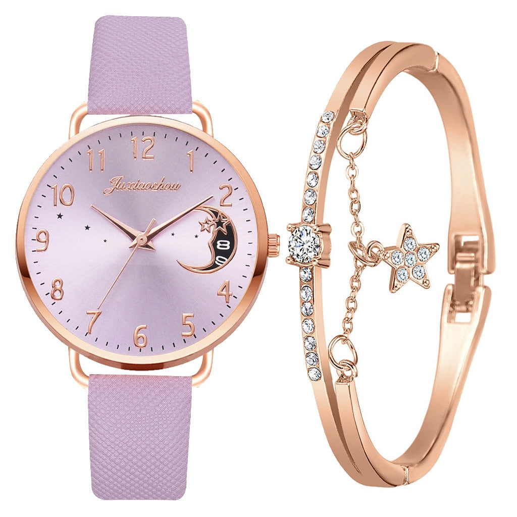 Set with Watch and Bracelets featuring Moon Phase Dial