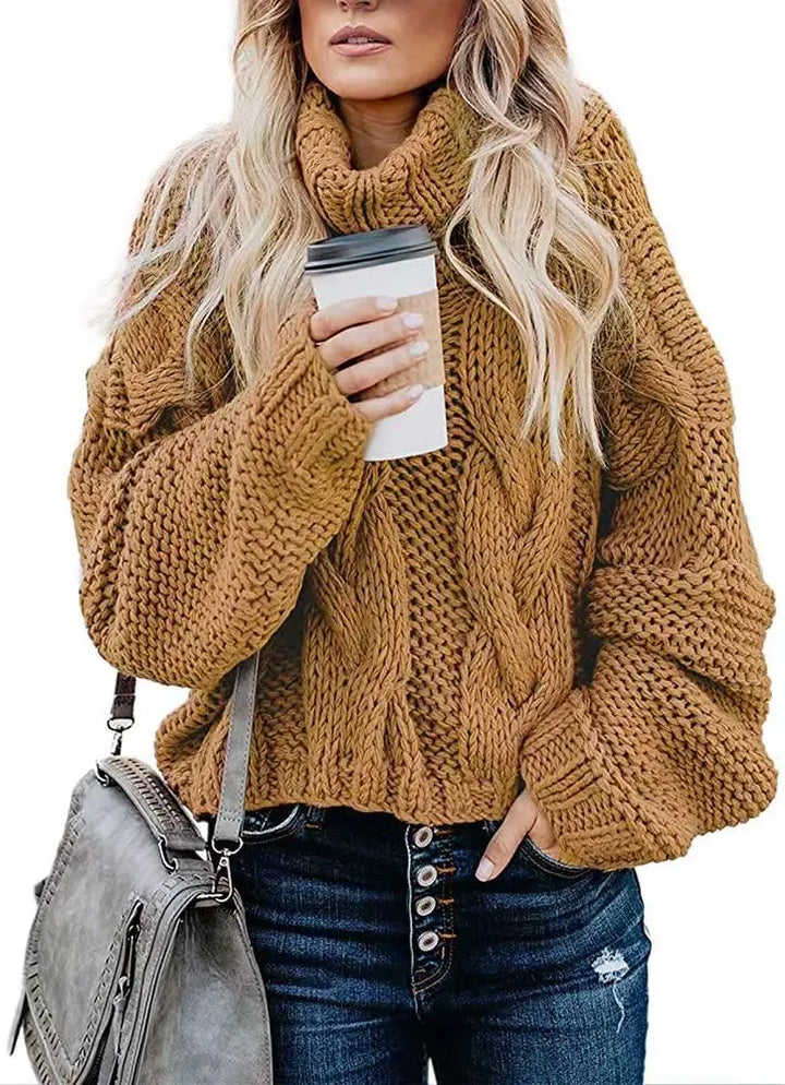 Women Sweaters Long Sleeve Turtleneck Knitted Pullovers Screw Thread Solid Jumpers Spliced Casual Outwear High Street Loose