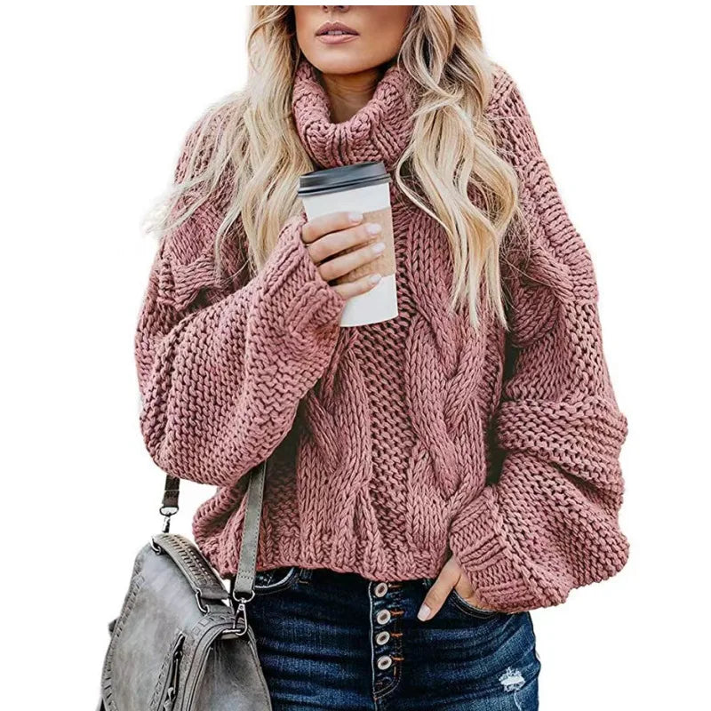 Women Sweaters Long Sleeve Turtleneck Knitted Pullovers Screw Thread Solid Jumpers Spliced Casual Outwear High Street Loose