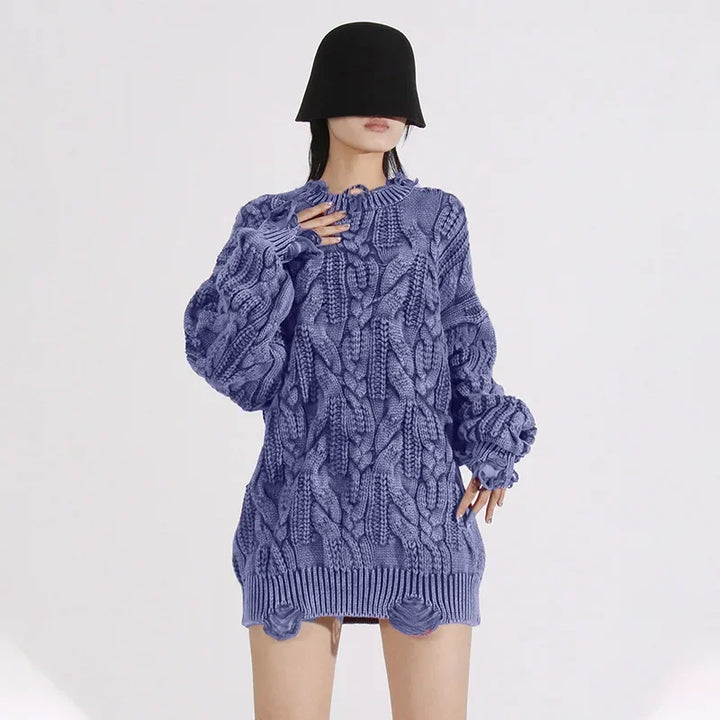 Loose Knitted Sweater Women's Crew Neck Long Sleeve Torn Top Spring New Style Casual High Quality Female Clothing