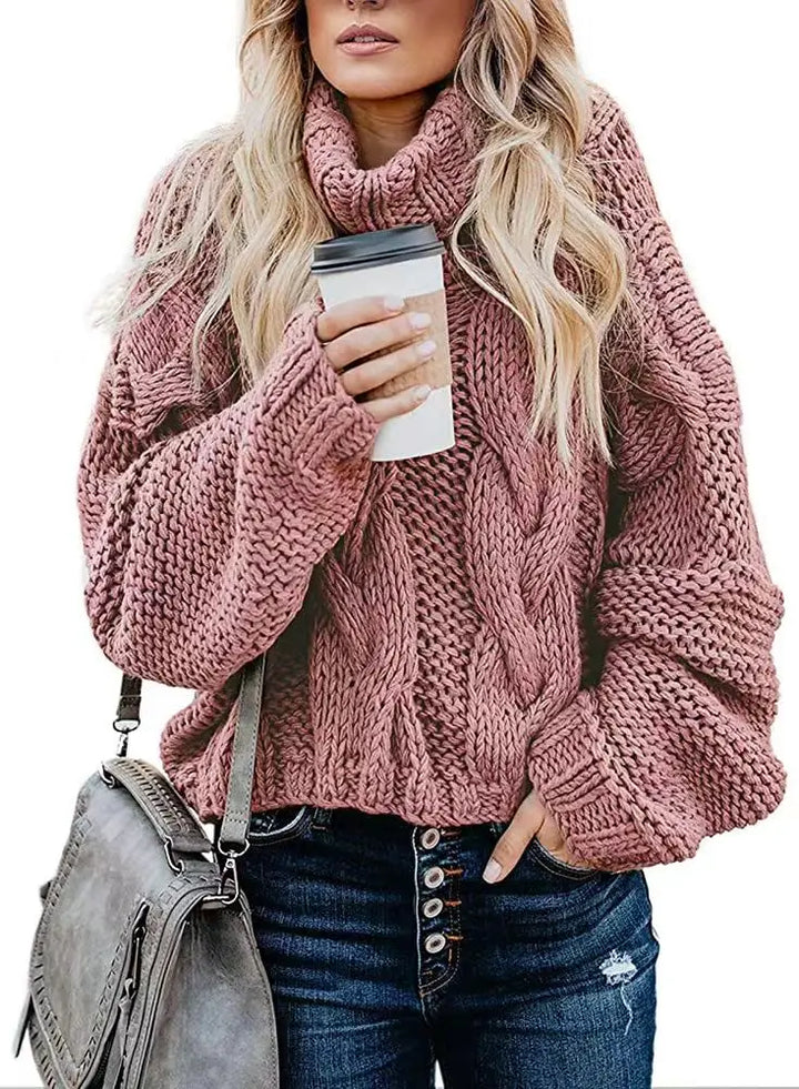 Women Sweaters Long Sleeve Turtleneck Knitted Pullovers Screw Thread Solid Jumpers Spliced Casual Outwear High Street Loose