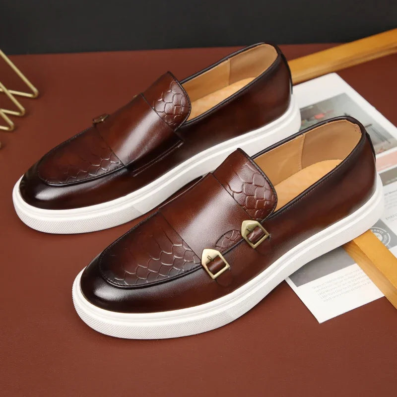 Men's Casual Shoes Embossed Leather Men Luxury British Style Penny Loafers Mens Slip-on Thick Sole Outdoor Flats New Arrival