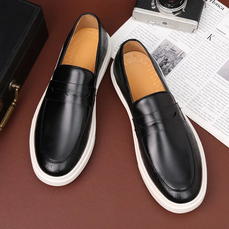 Men's Casual Shoes Embossed Leather Men Luxury British Style Penny Loafers Mens Slip-on Thick Sole Outdoor Flats New Arrival