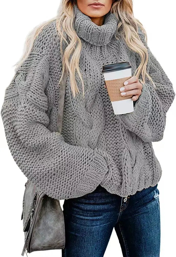 Women Sweaters Long Sleeve Turtleneck Knitted Pullovers Screw Thread Solid Jumpers Spliced Casual Outwear High Street Loose