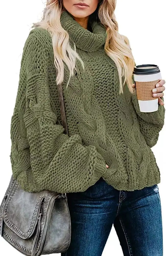 Women Sweaters Long Sleeve Turtleneck Knitted Pullovers Screw Thread Solid Jumpers Spliced Casual Outwear High Street Loose
