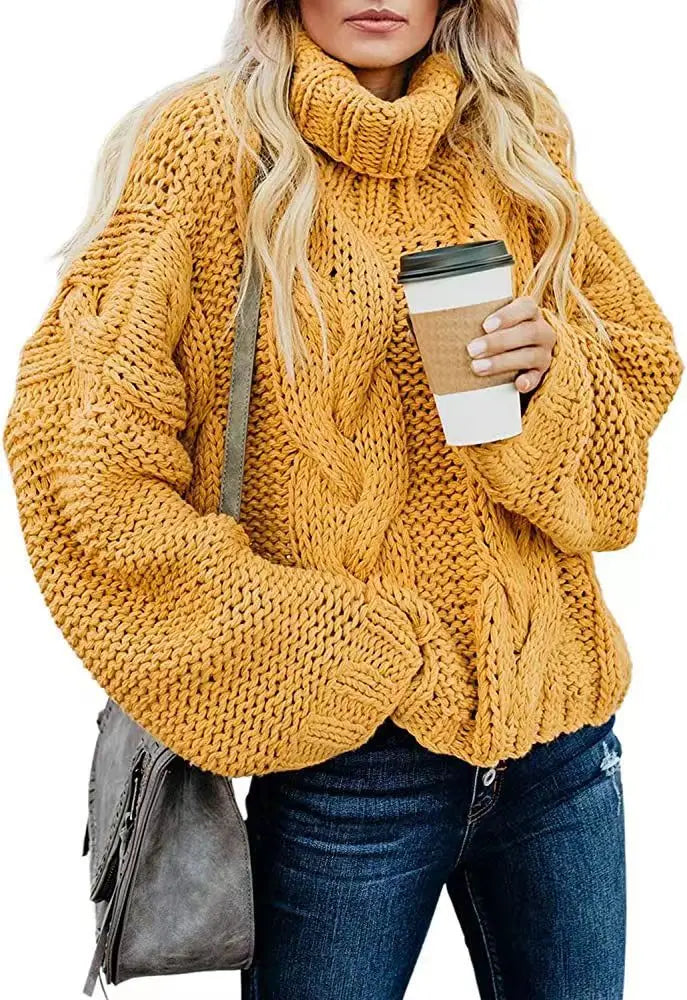 Women Sweaters Long Sleeve Turtleneck Knitted Pullovers Screw Thread Solid Jumpers Spliced Casual Outwear High Street Loose