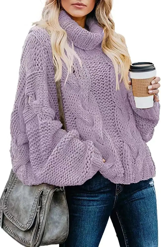 Women Sweaters Long Sleeve Turtleneck Knitted Pullovers Screw Thread Solid Jumpers Spliced Casual Outwear High Street Loose