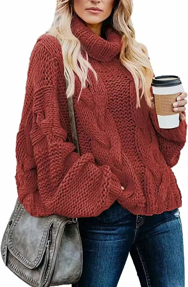 Women Sweaters Long Sleeve Turtleneck Knitted Pullovers Screw Thread Solid Jumpers Spliced Casual Outwear High Street Loose