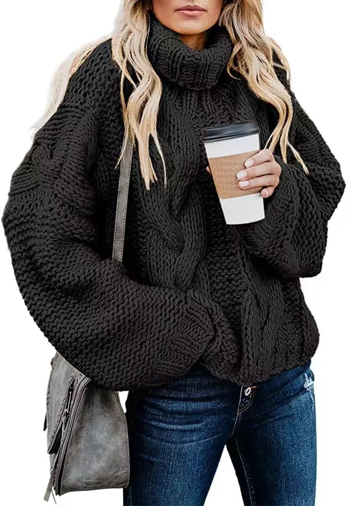 Women Sweaters Long Sleeve Turtleneck Knitted Pullovers Screw Thread Solid Jumpers Spliced Casual Outwear High Street Loose