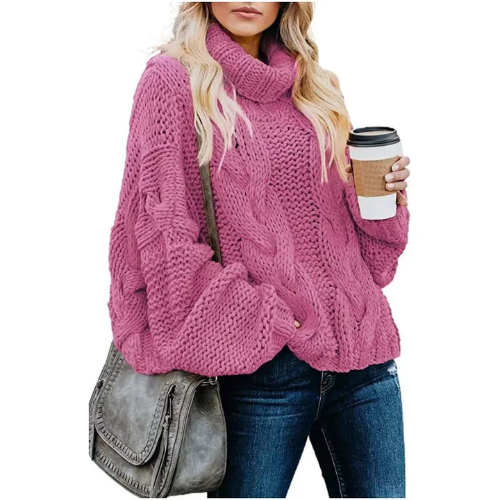 Women Sweaters Long Sleeve Turtleneck Knitted Pullovers Screw Thread Solid Jumpers Spliced Casual Outwear High Street Loose