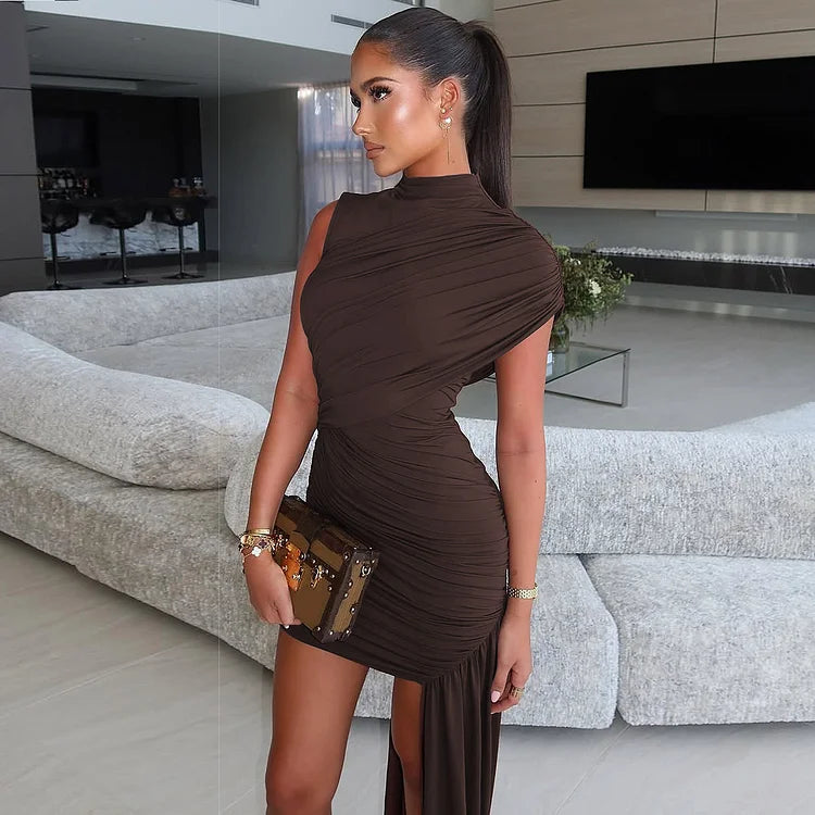 Fashionable Fitted Round Neck Pleated Dress