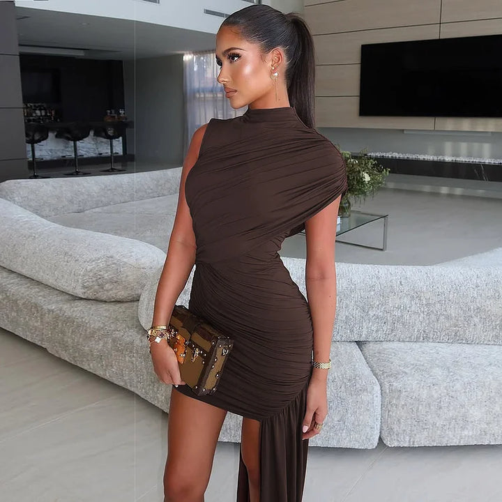 Fashionable Fitted Round Neck Pleated Dress